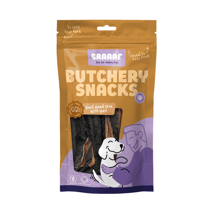 
  Braaaf Butchery Snacks Runderkophuid met haar 150 g - artikelnummer BRAA300037
