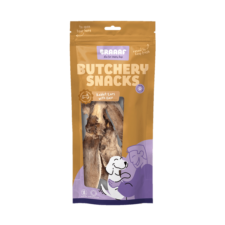
  Braaaf Butchery Snacks Konijnenoren met haar 80 g - artikelnummer BRAA300040

