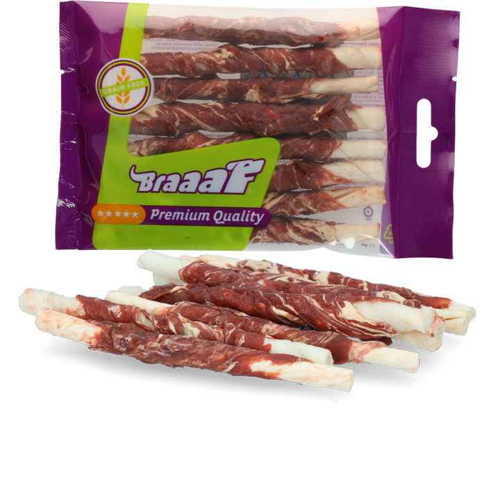 
  Braaaf Rawhide Roll Sticks Lam & Vis - 8 st. - artikelnummer BRAA400704
