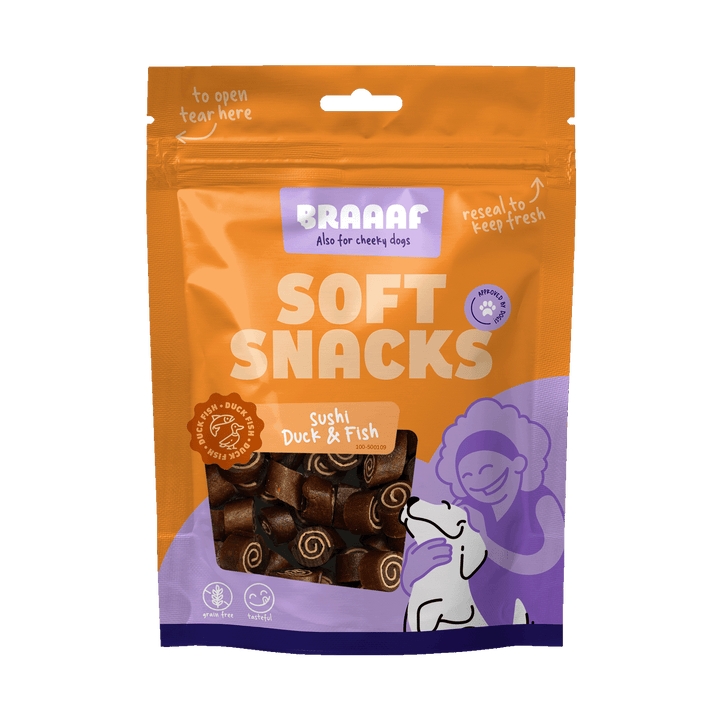 
  Braaaf Soft Snack Sushi - Eend & Vis - artikelnummer BRAA500109
