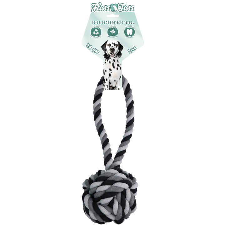 
  Floss Toss Dental Rope Exteme Tug and Ball - 60 cm - artikelnummer FLOS0018
