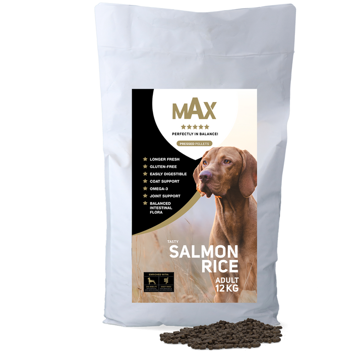 
  Max Adult Geperste Brokken Zalm & Rijst 12 kg - artikelnummer MAXA028
