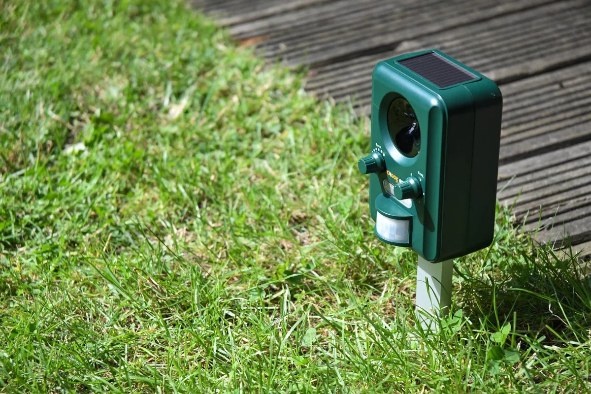 Ultrasone dierenverjager in het gras bij de border